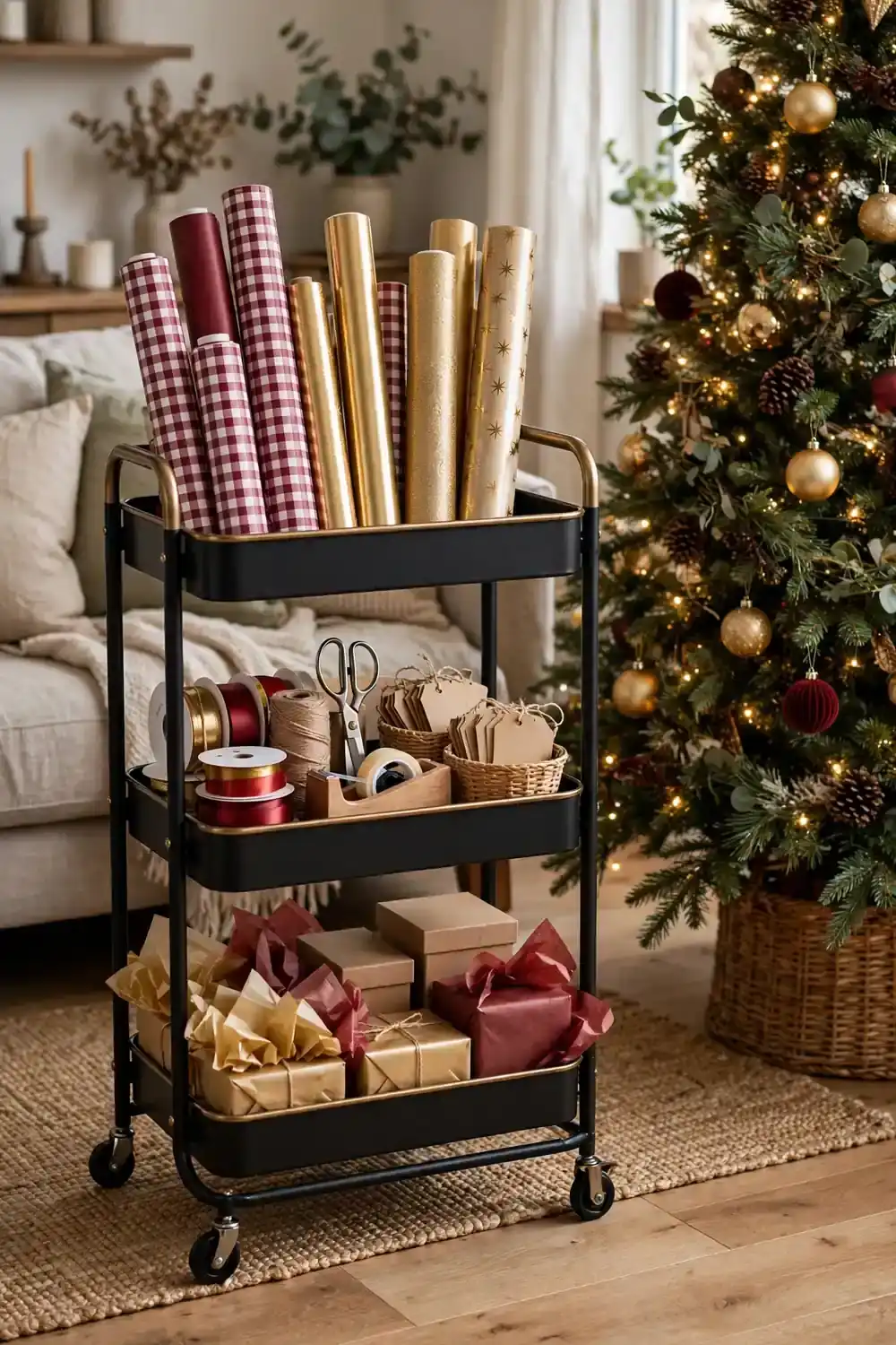 Rolling cart wrapping station with paper rolls and ribbon, a handy christmas wrapping station idea for any room
