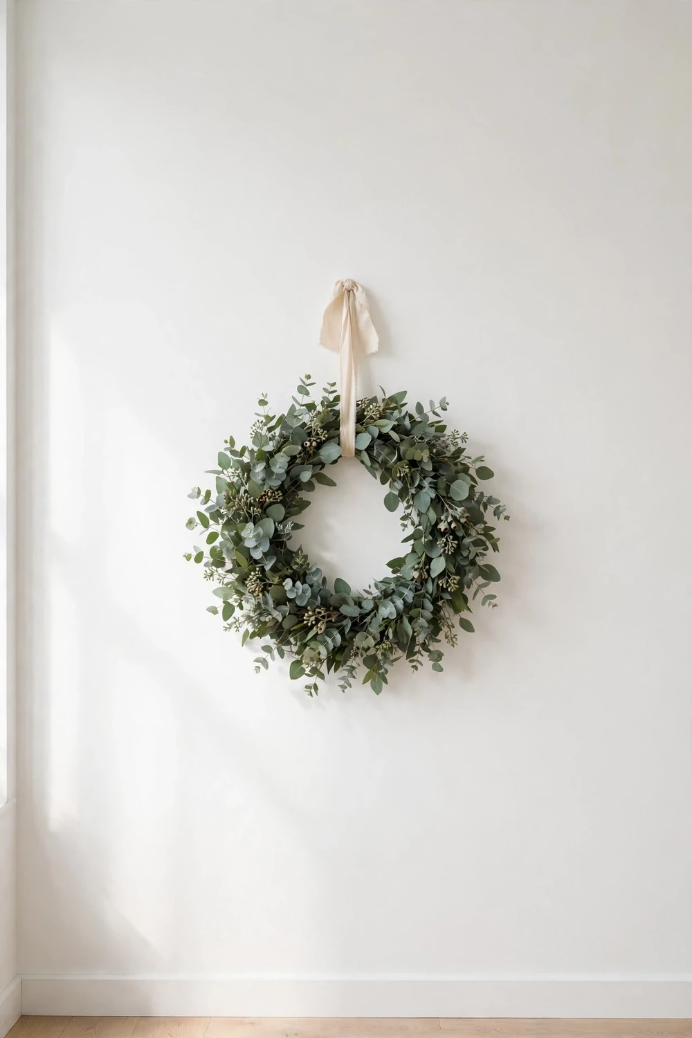 Minimalist Christmas decor ideas: a single eucalyptus wreath hanging on a plain white wall