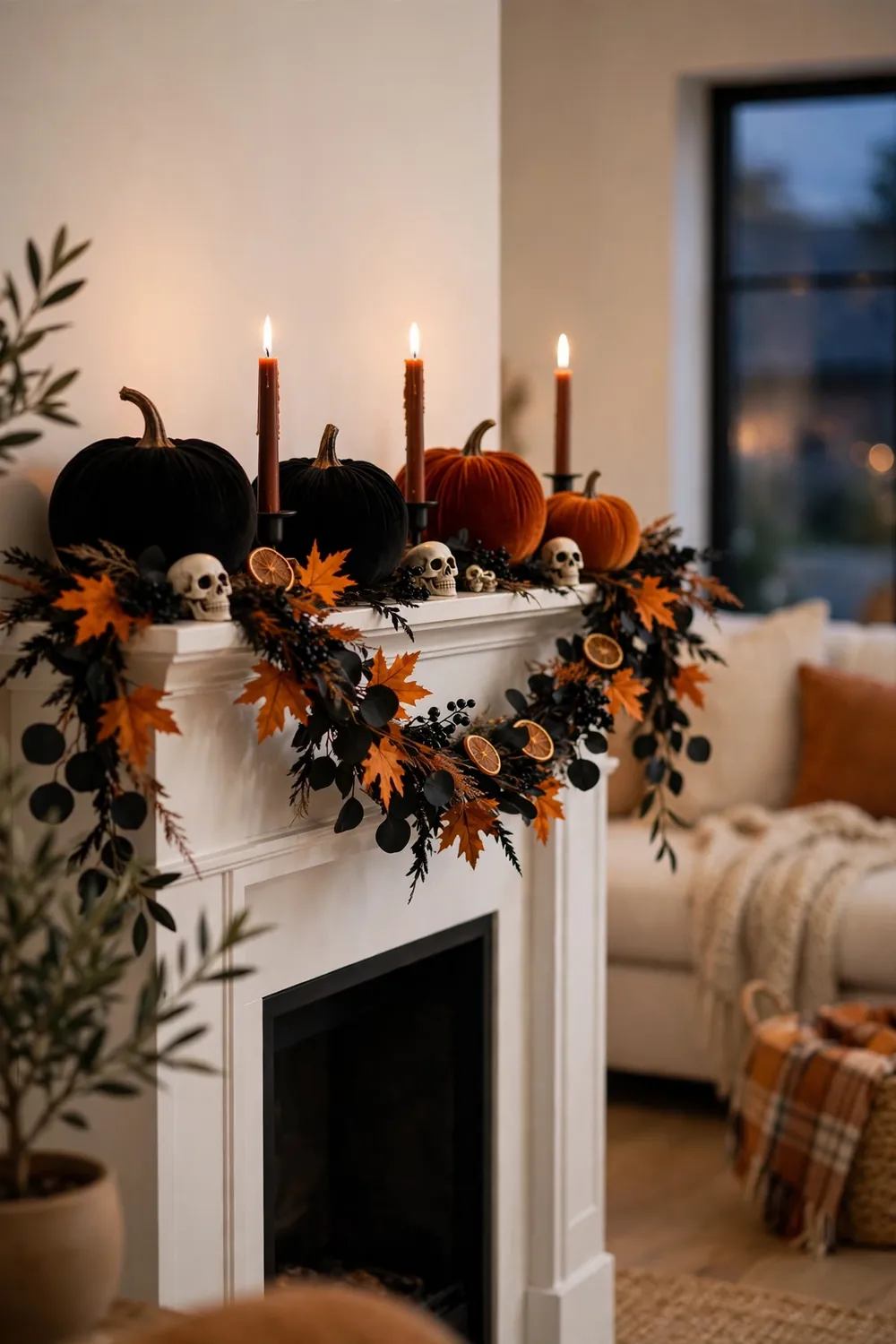 Halloween mantel decor ideas: black and orange garland with velvet pumpkins on a white fireplace mantel