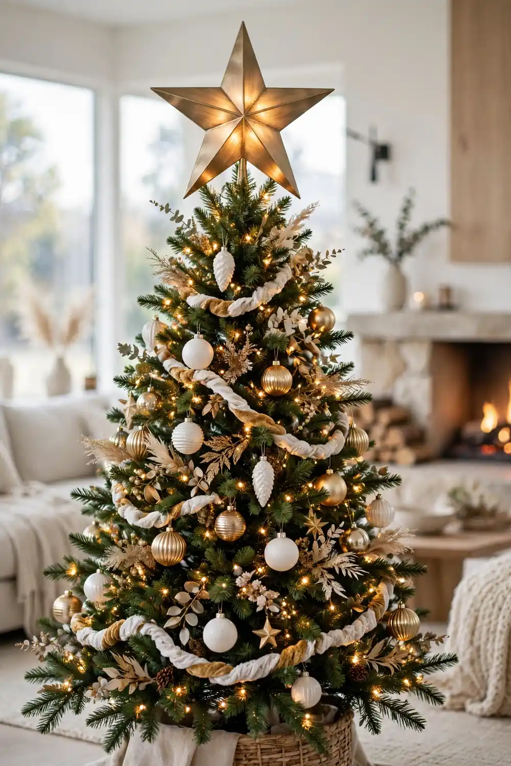 Oversized Brass Star Tree Topper Oversized brushed brass star tree topper glowing atop a decorated Christmas tree — star motif Christmas decor for the living room