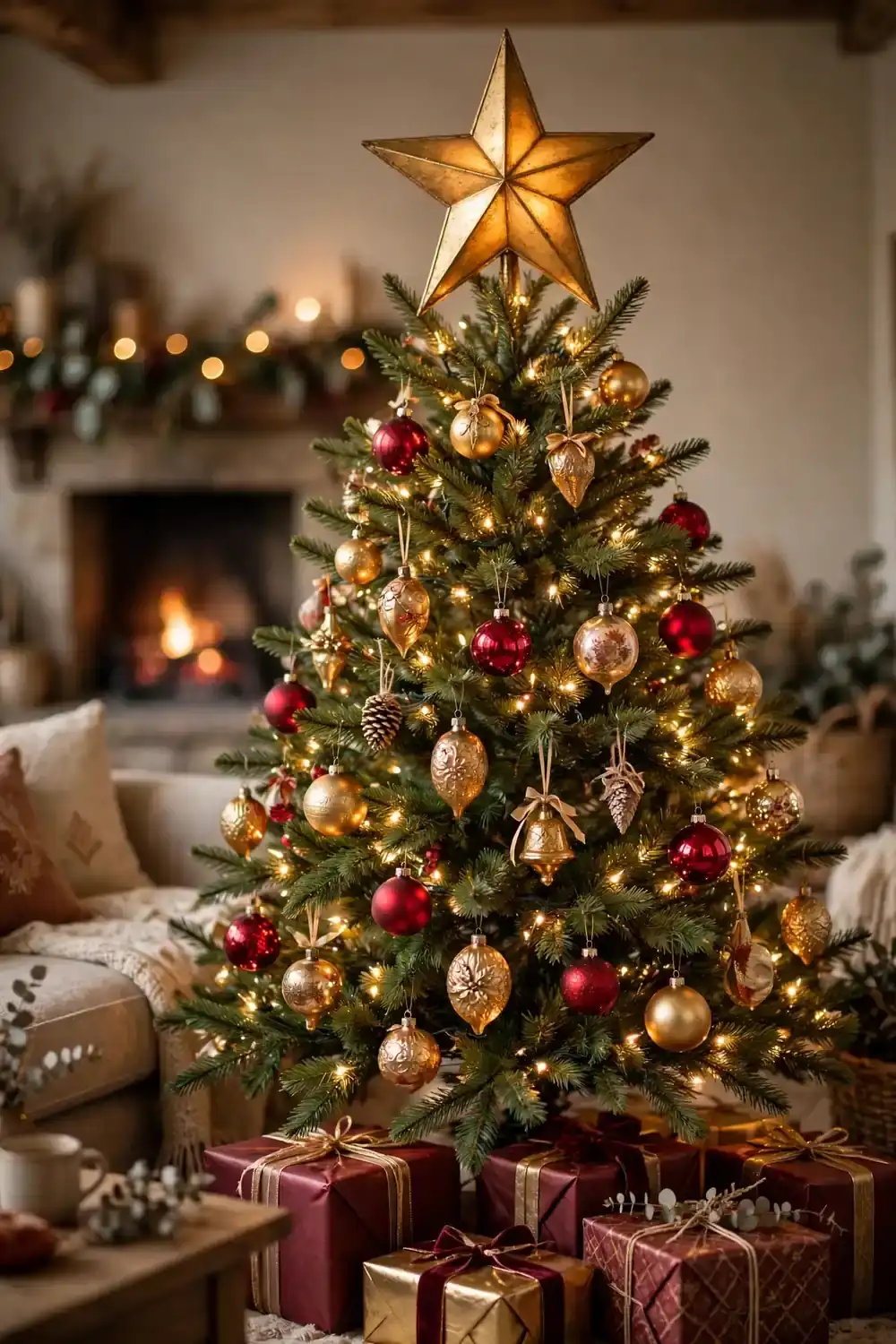Nostalgic oversized star topper crowning a christmas tree, a glowing christmas tree decor idea with star ornaments