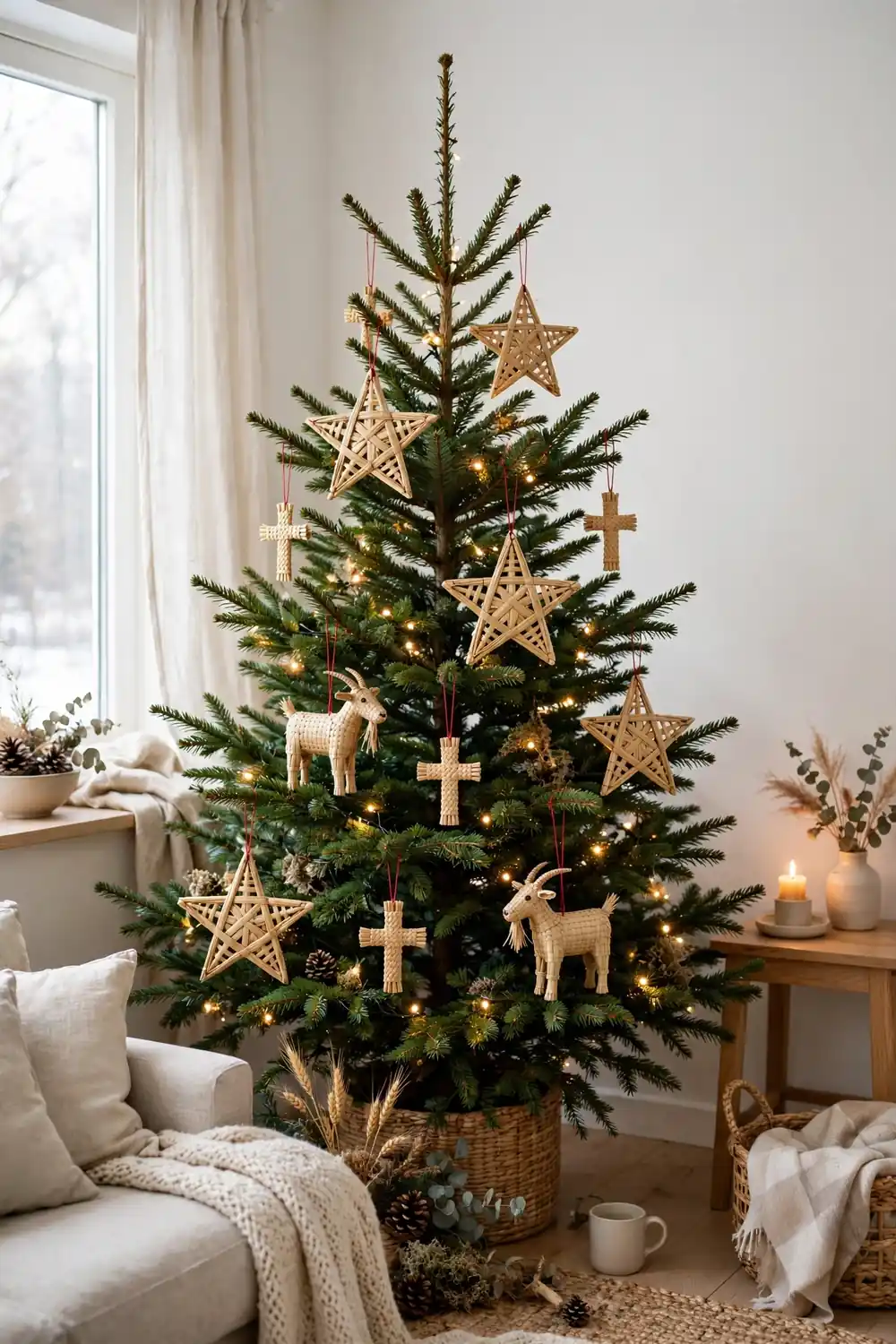 Straw ornaments hung on red thread on a Christmas tree Straw star and goat ornaments hung on red thread on a Christmas tree, a classic among scandinavian christmas decor ideas