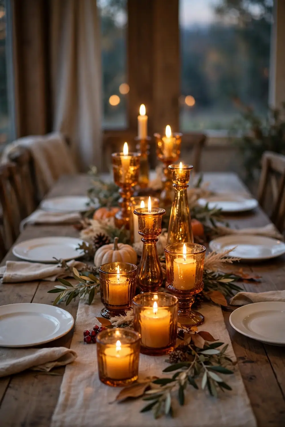 Amber Glass Candle Glow Thanksgiving Table Amber glass candles glowing for thanksgiving dining room decor ideas