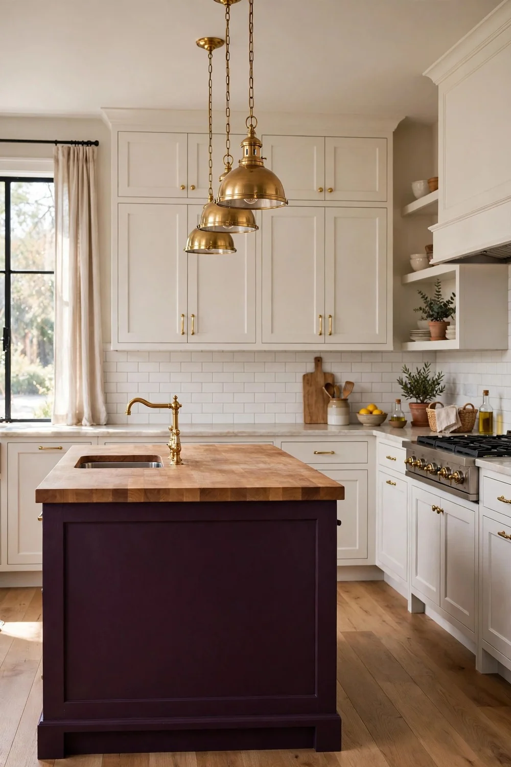 Kitchen with aubergine island and white perimeter cabinets