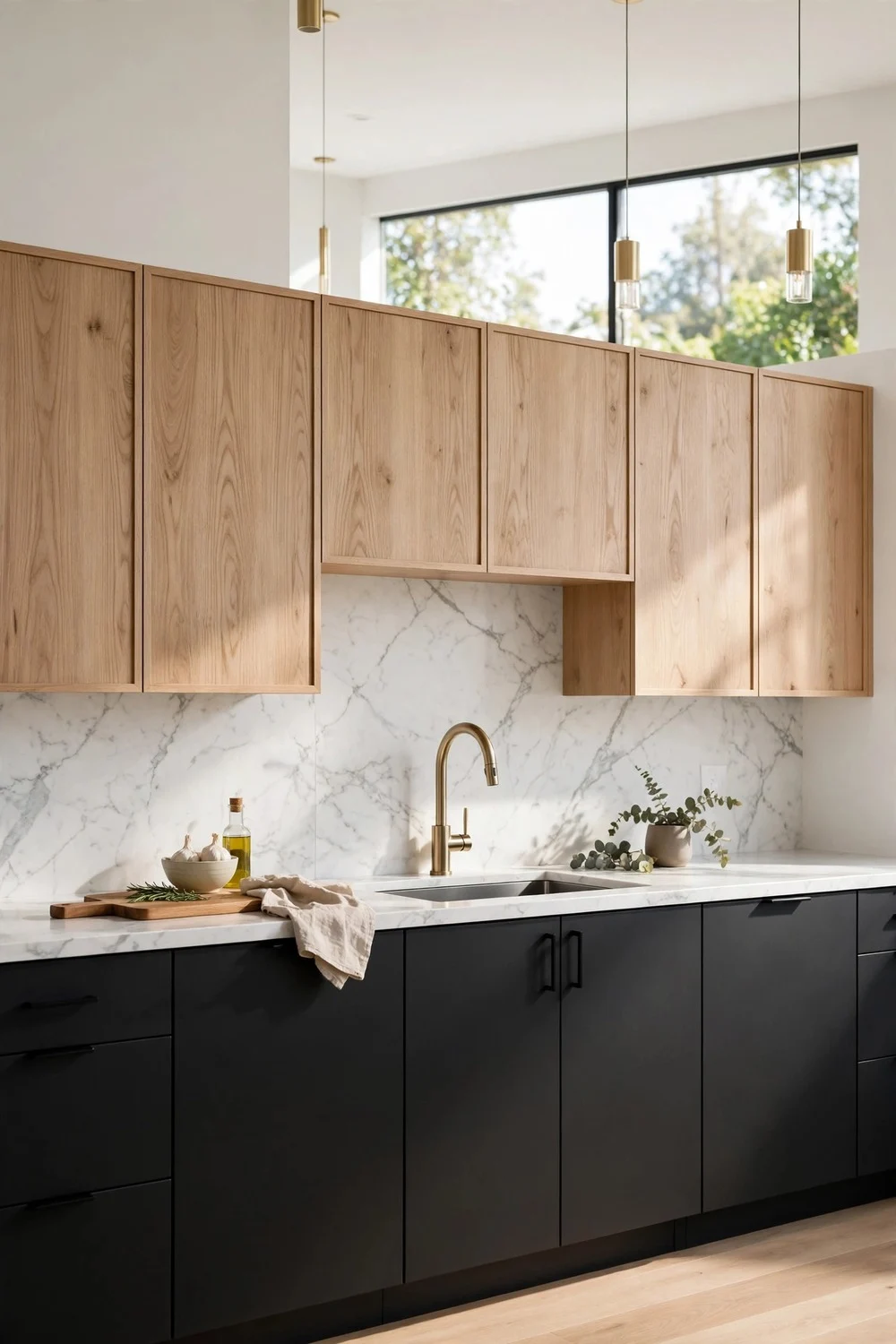 White oak and black kitchen ideas with black base cabinets and oak upper cabinets