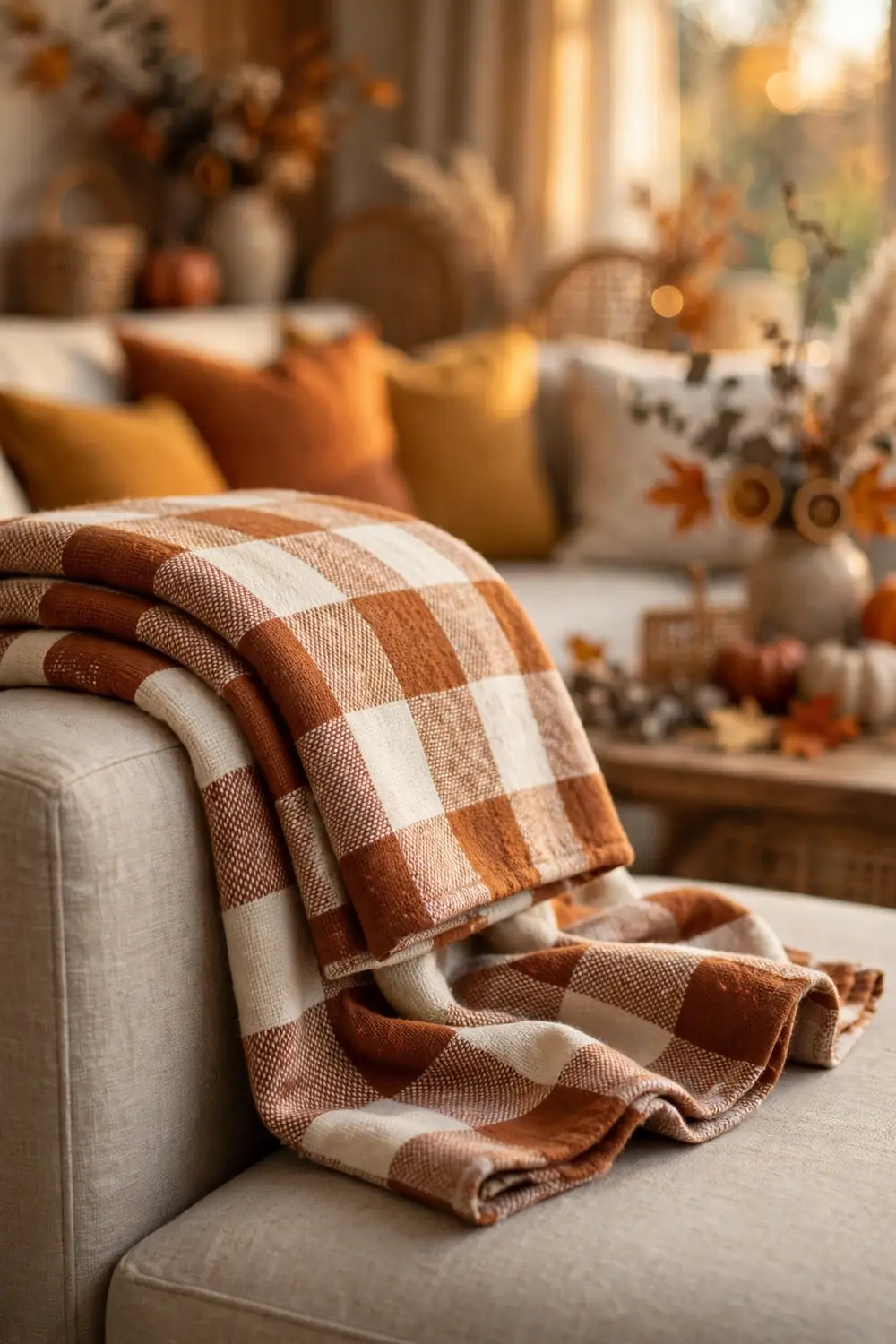 Buffalo Check Throw on the Sofa Rust and cream buffalo check throw draped over a sofa arm, a classic thanksgiving living room decor idea