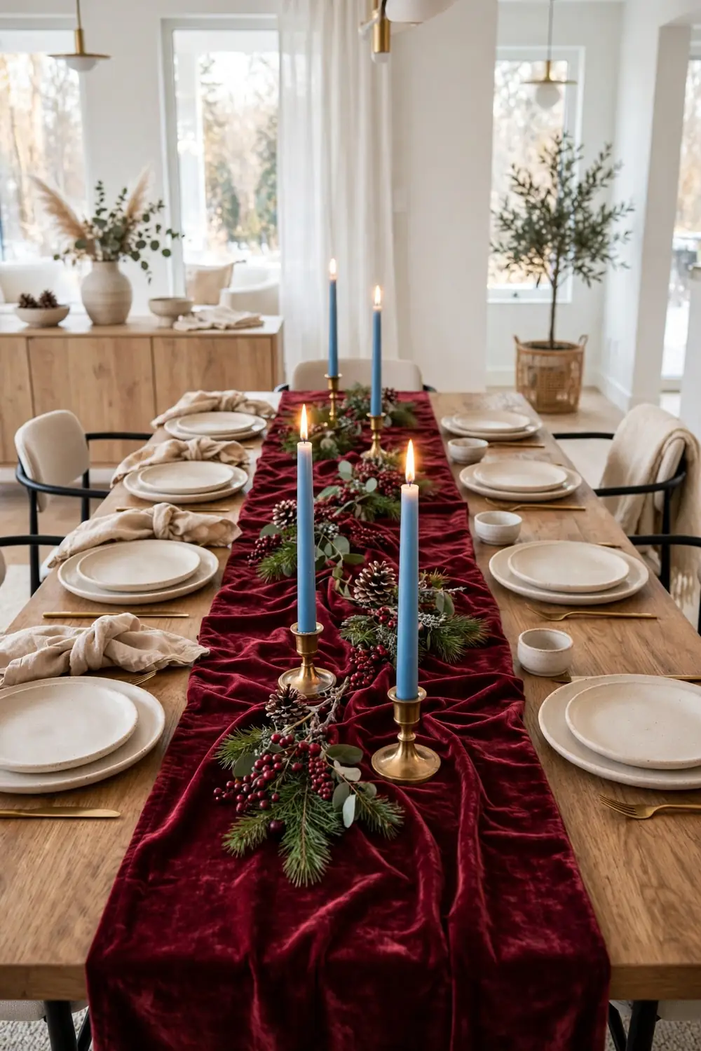 Burgundy velvet runner with sky blue taper candles Christmas tablescape Burgundy velvet table runner with sky blue taper candles in brass holders