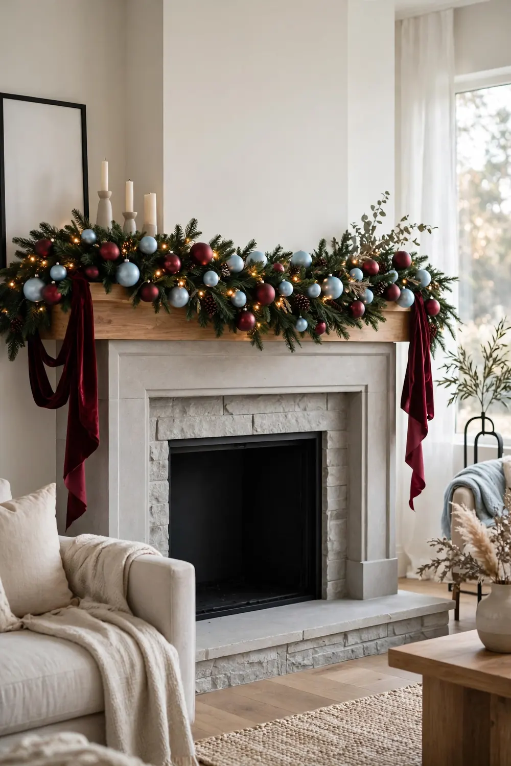 Christmas mantel decor idea with burgundy and sky blue ornaments Burgundy and sky blue ornament garland, a 2026 christmas mantel decor idea with the season defining color story