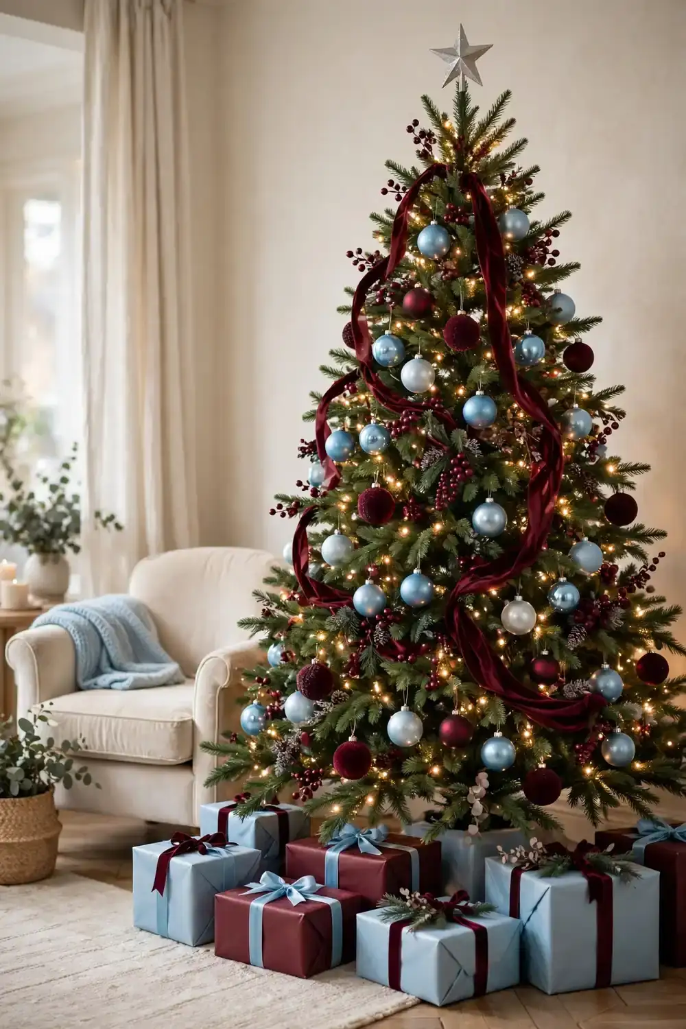 Christmas tree decorated in burgundy and sky blue ornaments, a trendy christmas tree decor idea for the season