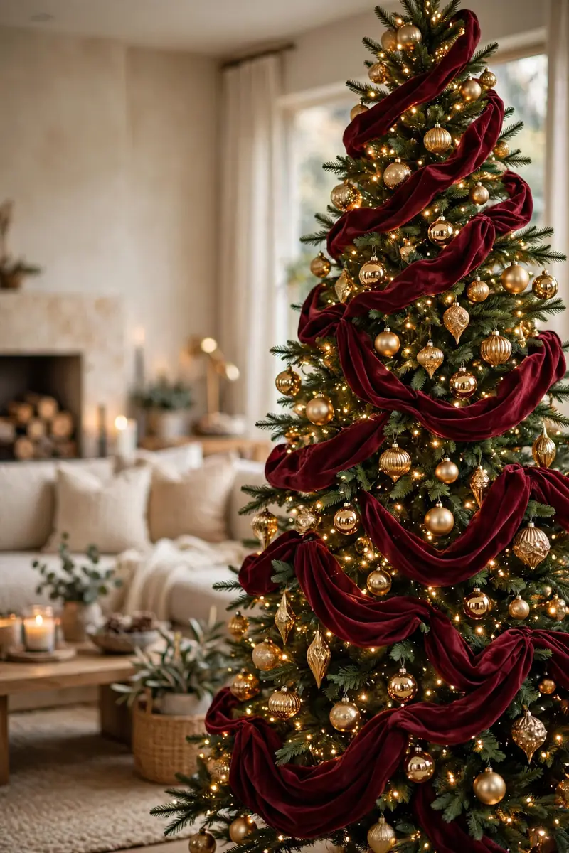 Velvet Christmas decor: burgundy velvet ribbon cascading through a Christmas tree with gold ornaments
