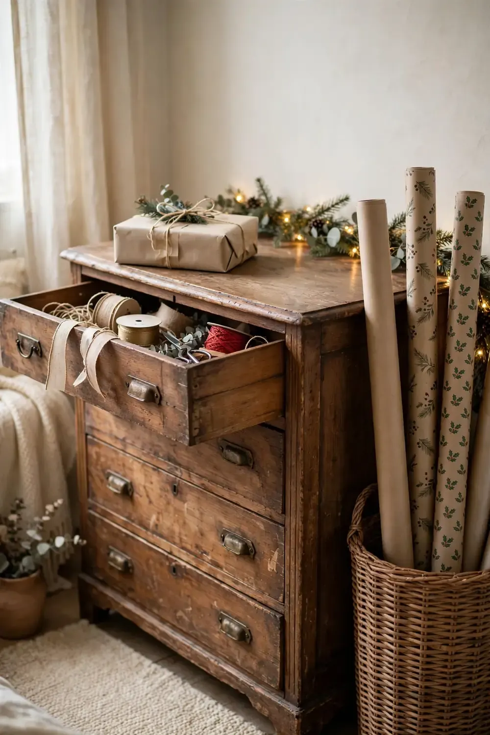 Vintage dresser converted into a wrapping desk with organized drawers, a charming christmas wrapping station idea