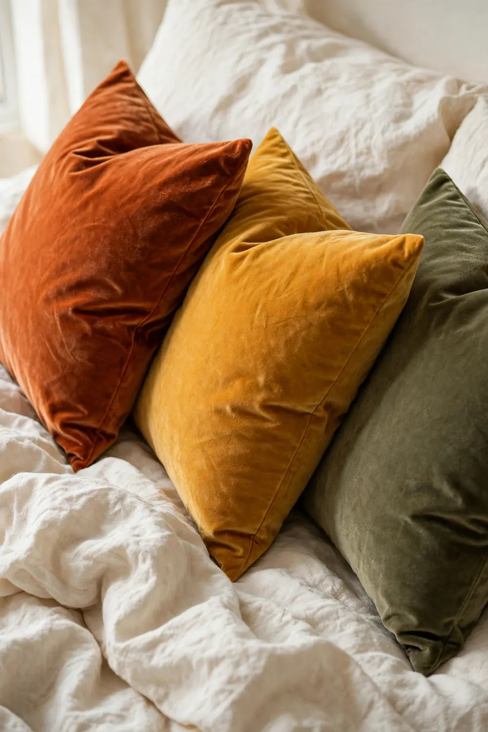 Velvet Throw Pillows in Autumn Hues Fall bedroom decor featuring velvet throw pillows in burnt orange, mustard and olive on cream linen sheets
