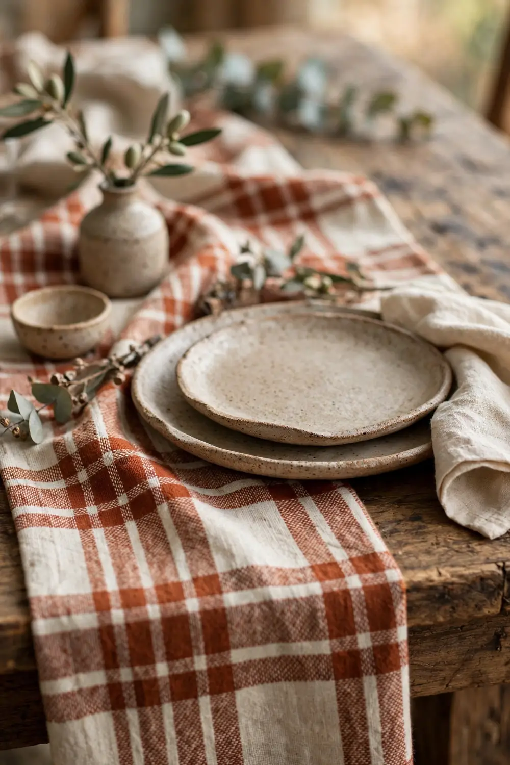 Plaid Table Runner in Rust and Cream Cozy fall dining room with a plaid table runner in rust and cream on a rustic wooden table