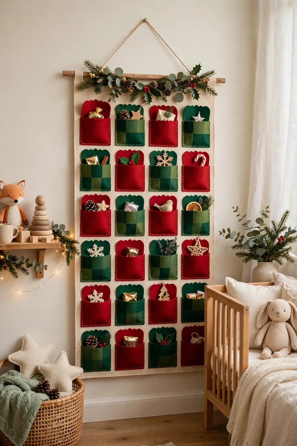 Felt Advent Calendar for a Kids Christmas Bedroom Christmas kids room decor ideas with a felt advent calendar hanging on a bedroom wall