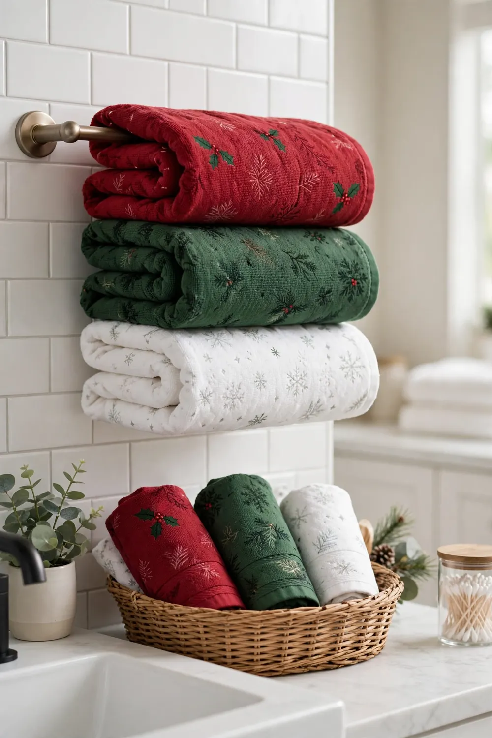 Festive christmas hand towels in red and green hanging in a bright bathroom