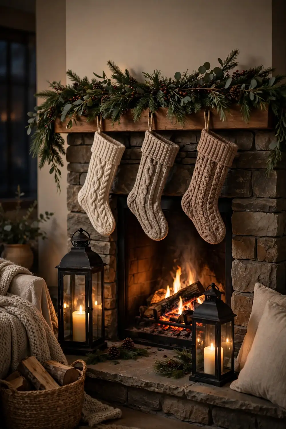Black lanterns with glowing pillar candles beside a fireplace, a cozy christmas candle decor idea for the living room