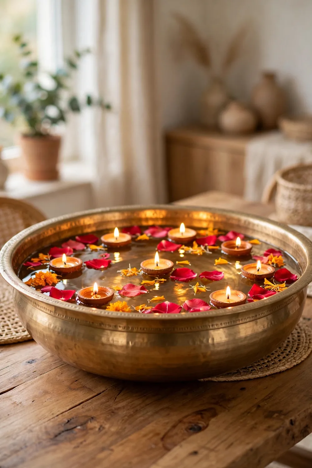 Floating diyas and flower petals in a brass urli bowl on a wooden table