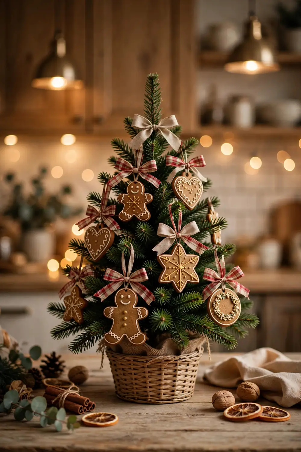 Gingerbread cookie ornament tabletop tree Gingerbread Christmas decor ideas with a tabletop tree hung with gingerbread cookie ornaments