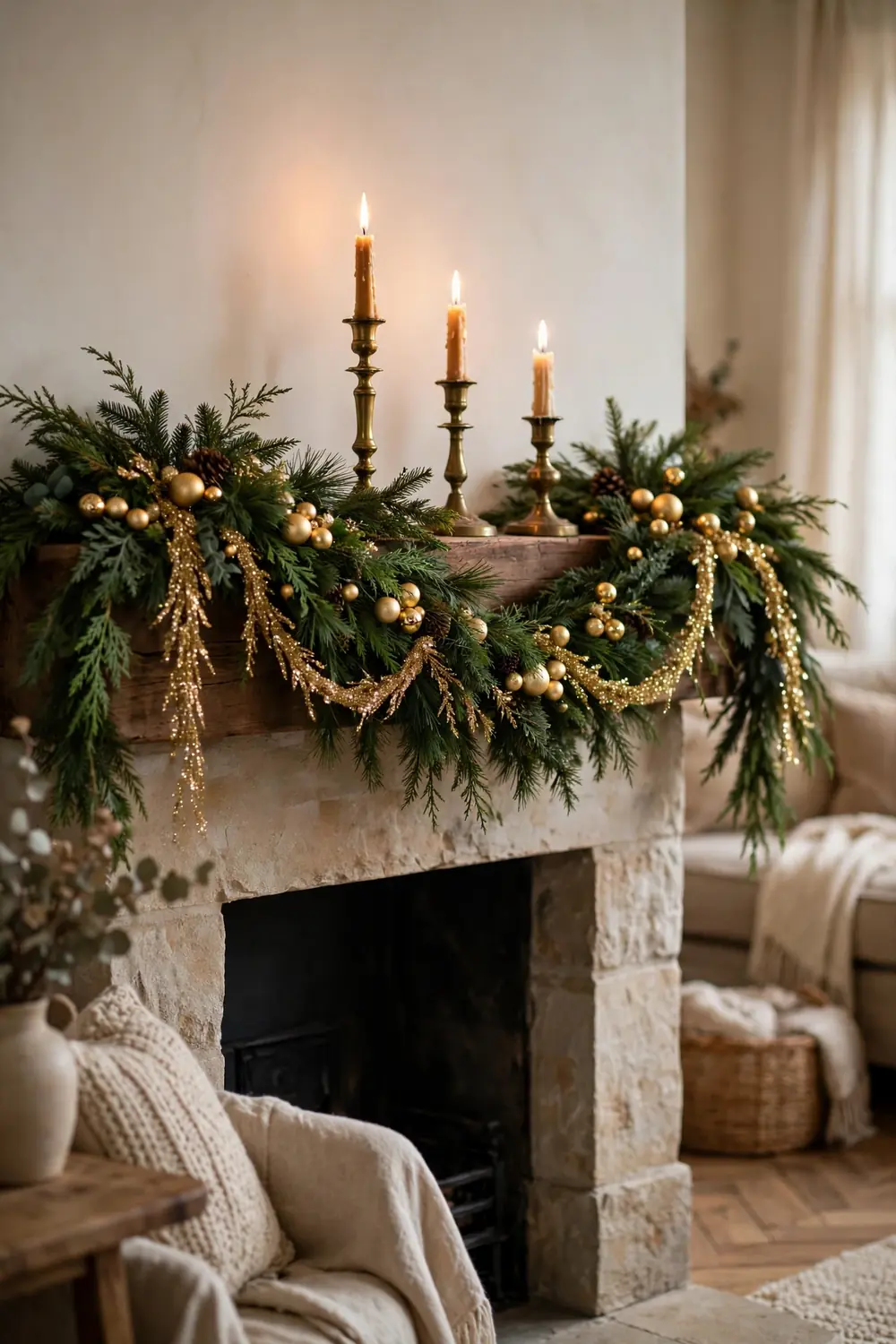 Gold Garland Christmas Mantel Styling Christmas mantel decorated with layered evergreen garland, gold ornaments and brass candle holders