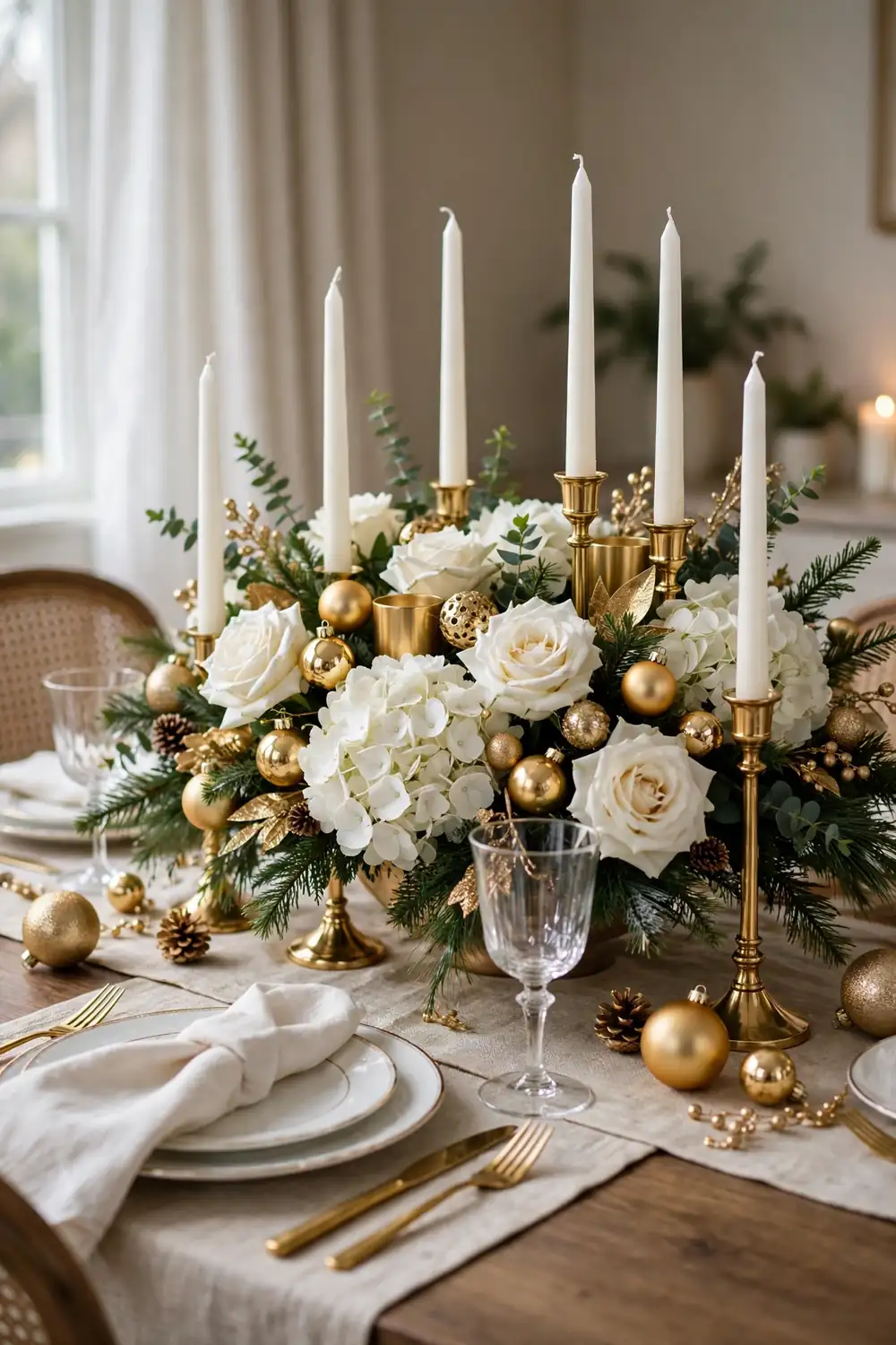 Gold and White Elegant Christmas Centerpiece Gold and white elegant centerpiece, a refined christmas centerpiece idea for a formal holiday table