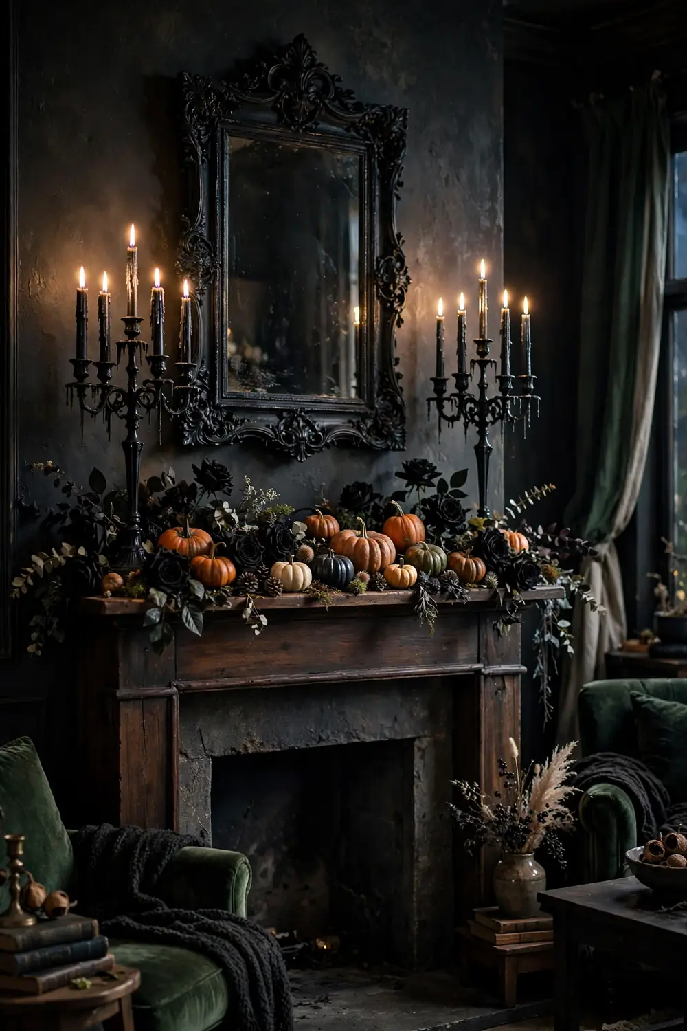 Halloween mantel decor ideas: gothic black candelabras with lit candles on an elegant dark mantel
