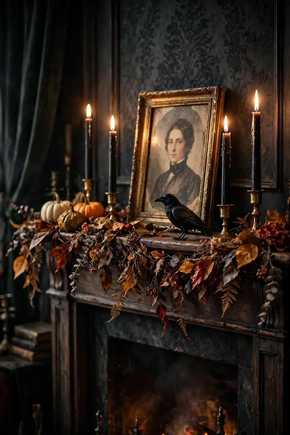 Haunted Mantel With Candles and Garlands Haunted halloween living room decor ideas mantel with black candles, garland and pumpkins