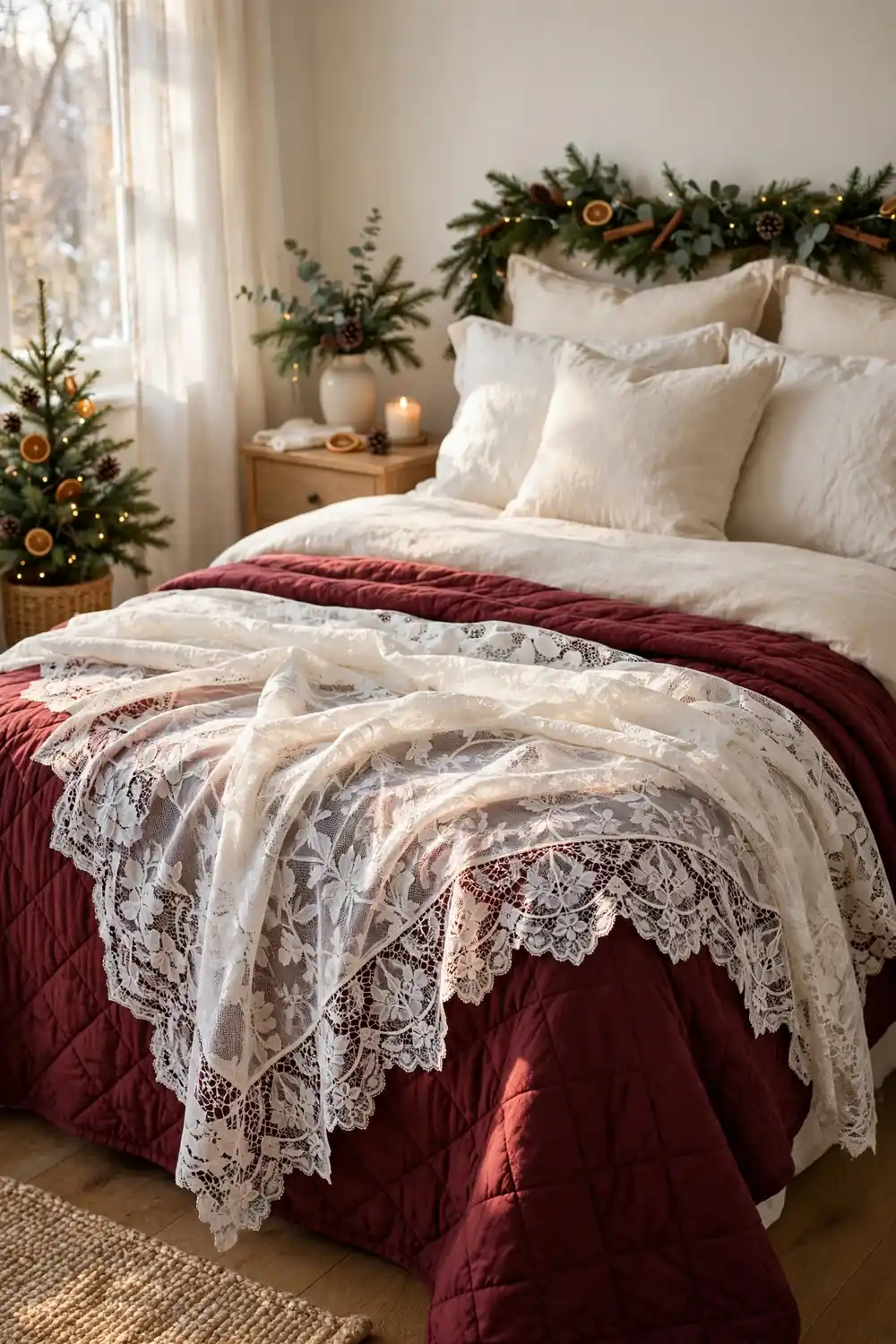 Heirloom lace throw layered over a burgundy quilt at the foot of a Christmas bed, an elegant christmas bedroom decor idea