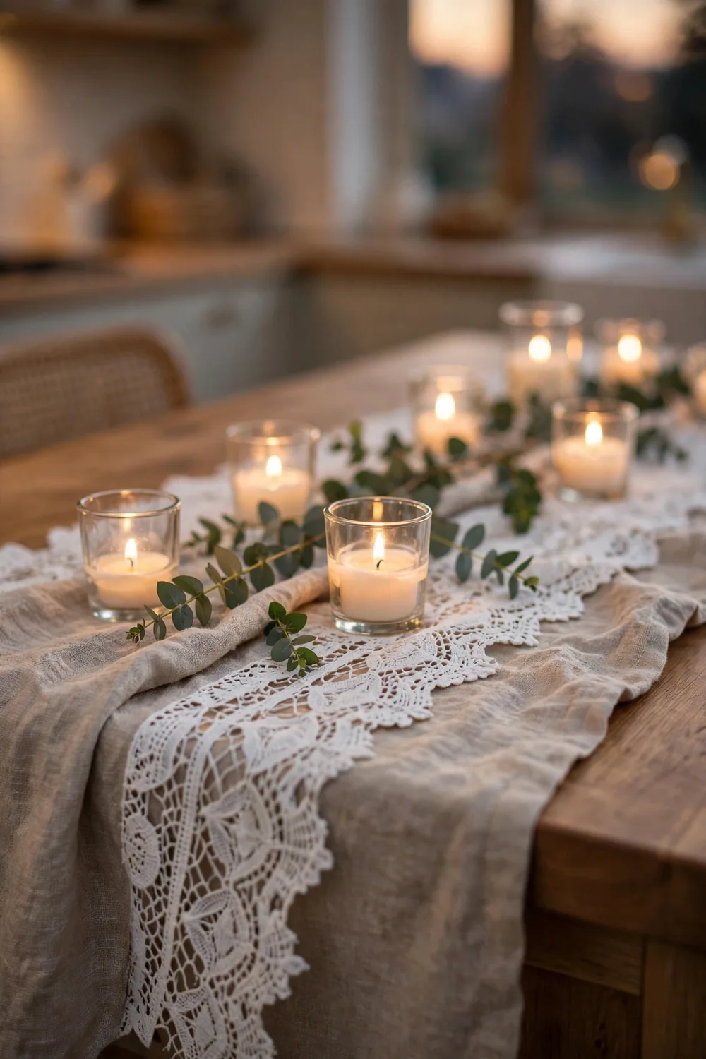 Heirloom lace runner layered over linen on a kitchen island with candles and greenery, a cozy christmas kitchen decor idea
