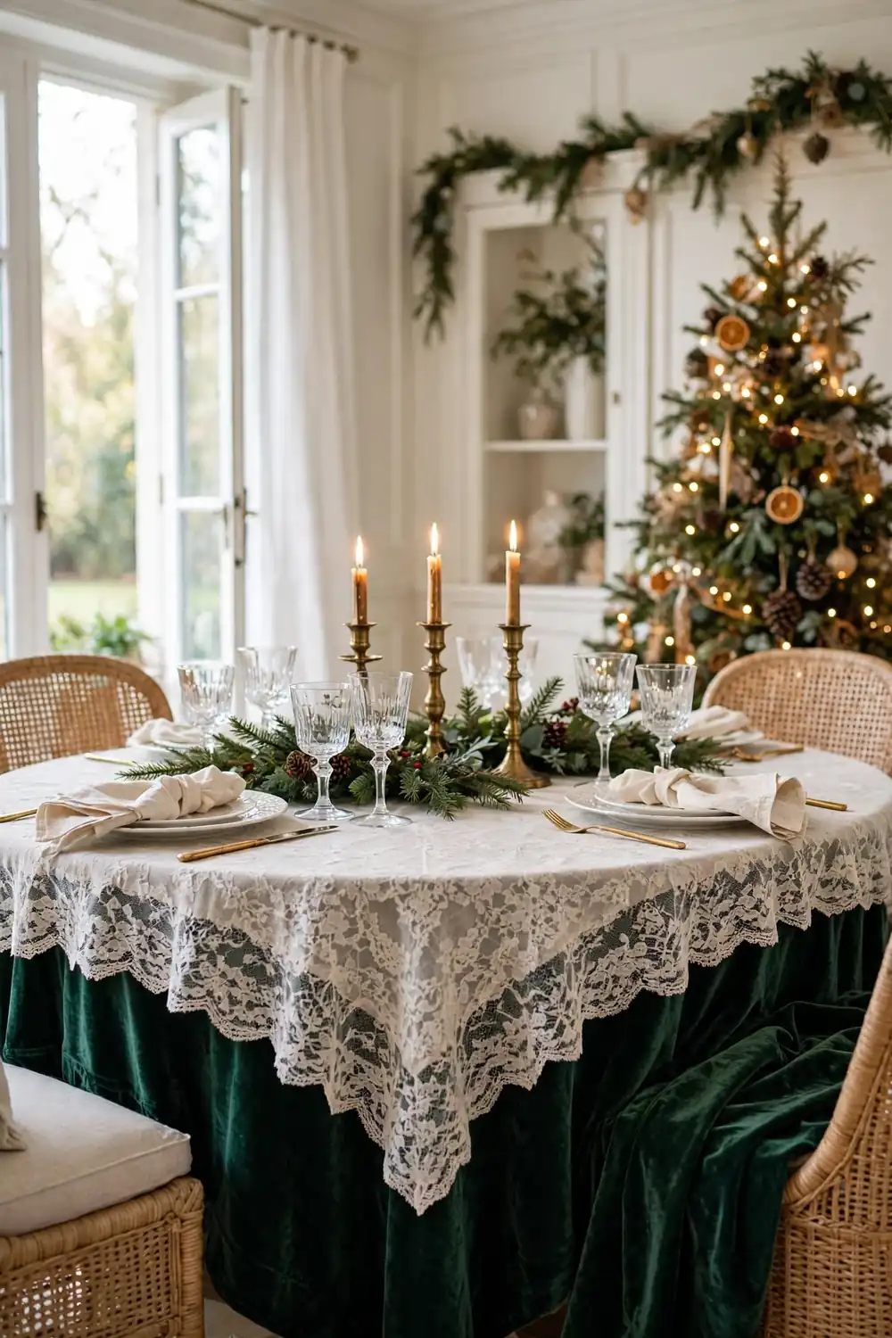 Ivory lace tablecloth layered over emerald velvet for an elegant Christmas table