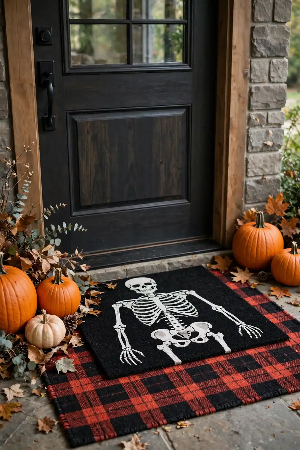 Layered plaid and skeleton doormat welcome for halloween entryway decor ideas