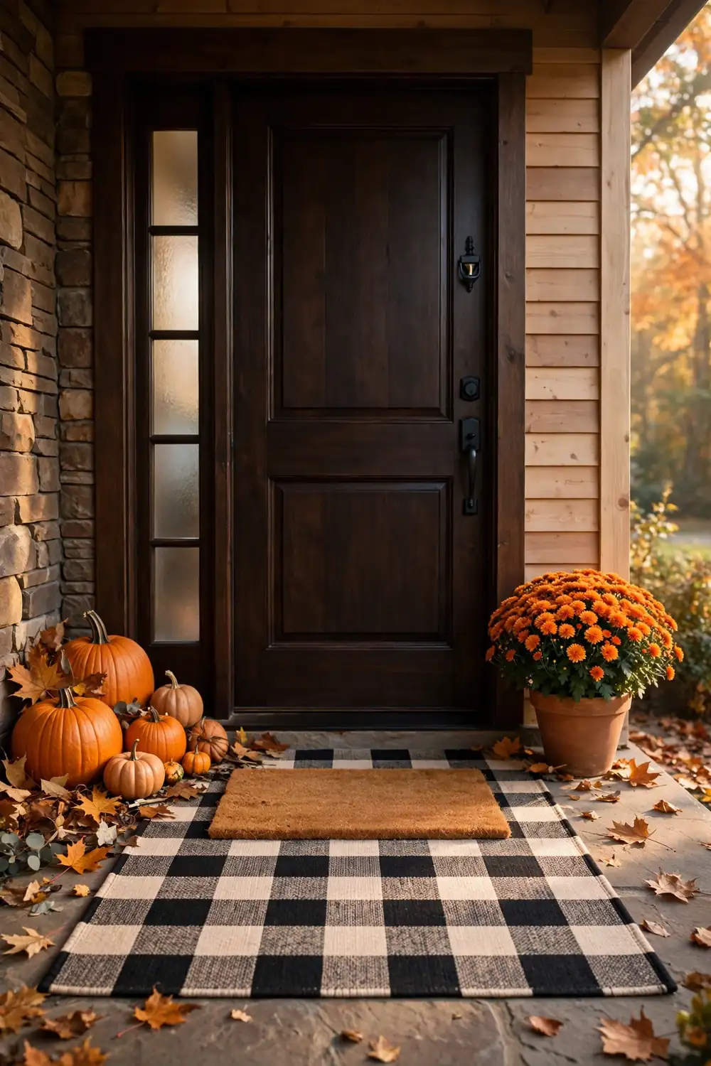 Layered plaid doormat thanksgiving porch decor idea at a cozy front door entry