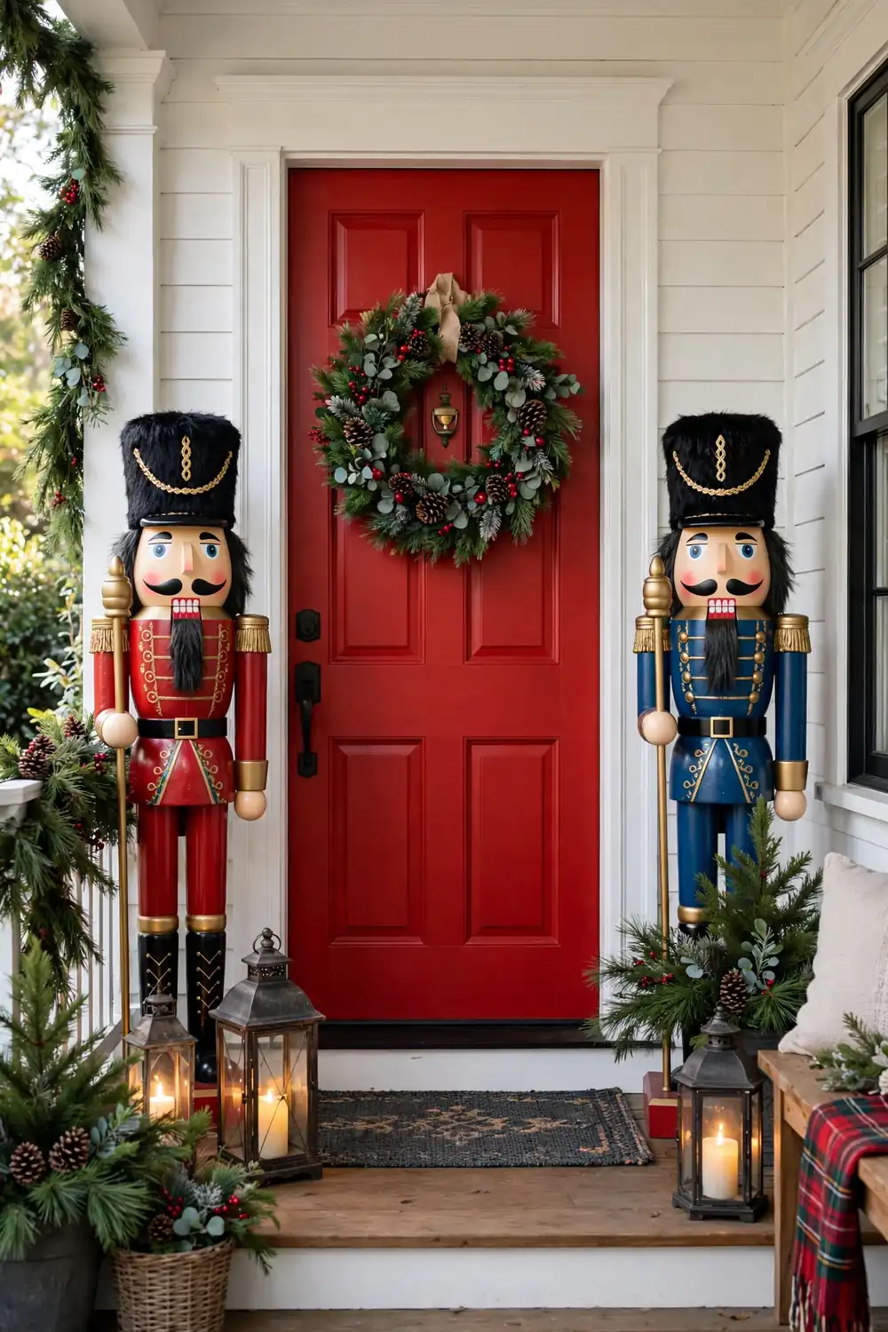 Oversized Porch Nutcrackers Oversized nutcracker statues guarding a Christmas front porch