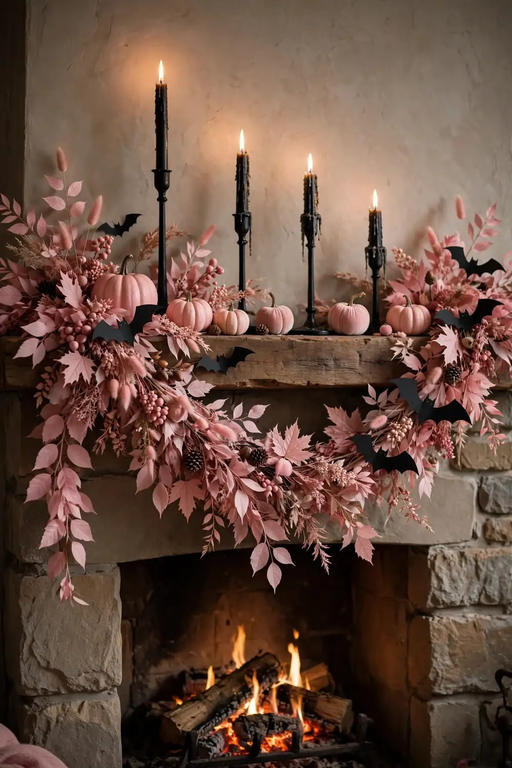 Pink Halloween mantel decorated with blush garland and black candlesticks
