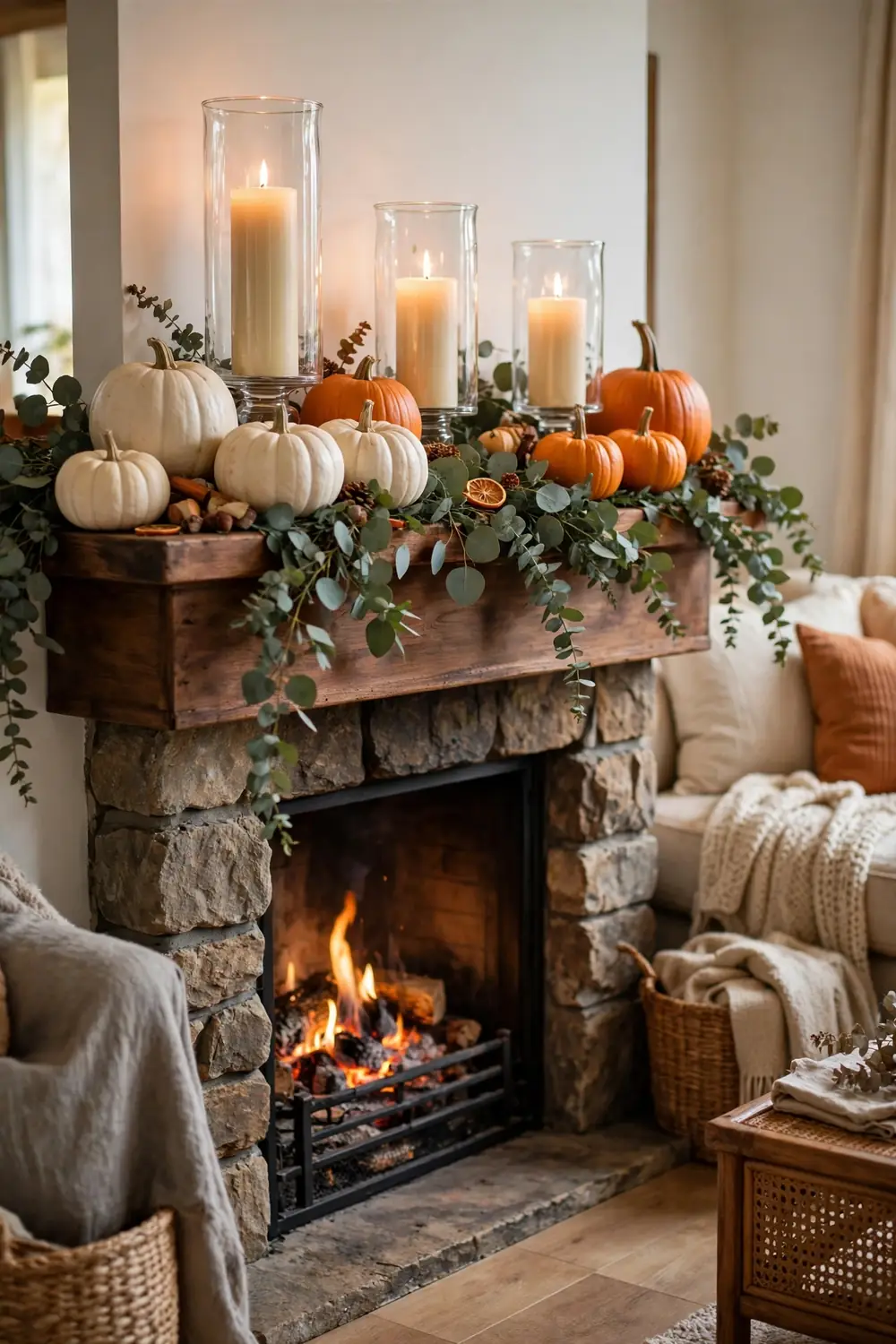 Thanksgiving mantel decor ideas with white and orange pumpkins and tall pillar candles in glass hurricanes