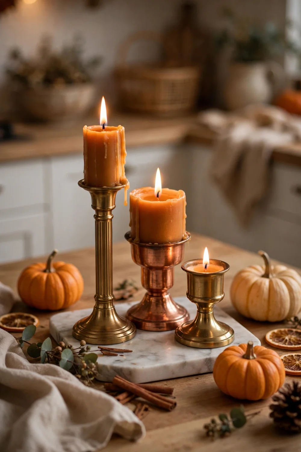 Pumpkin spice candle cluster for Thanksgiving kitchen Thanksgiving kitchen decor ideas with pumpkin spice candles in brass holders glowing on a kitchen counter