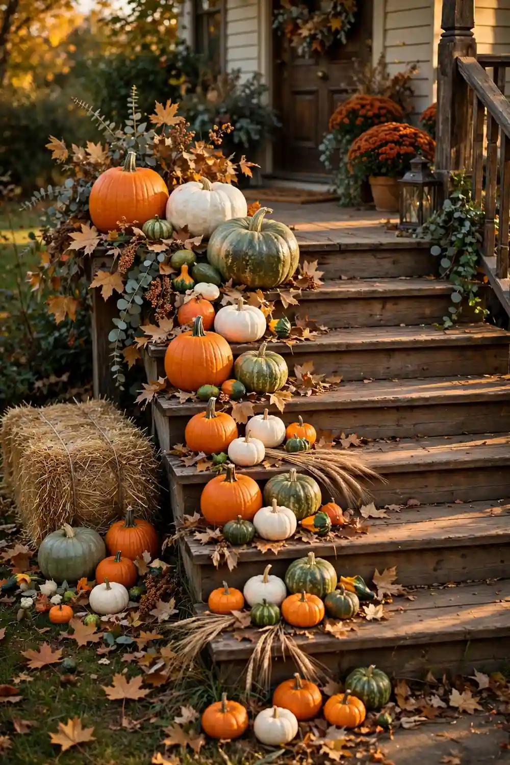 Pumpkin Cascade on the Porch Steps Halloween porch decor with pumpkins of graduated sizes cascading down front porch steps