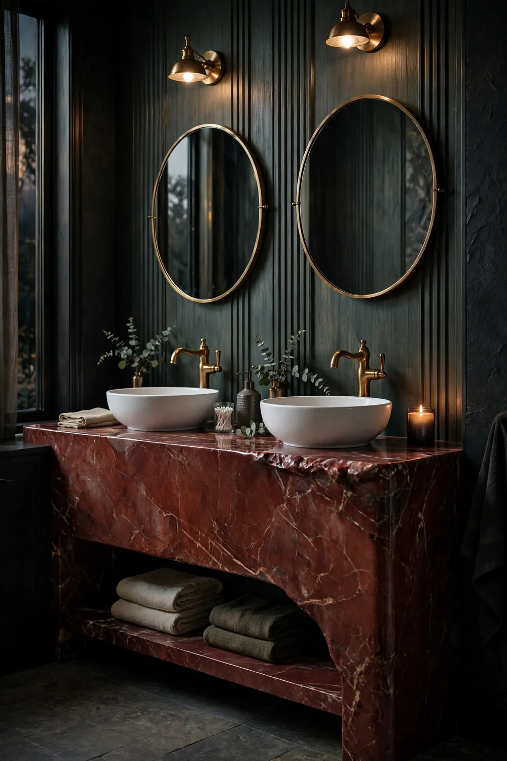 Red Marble Vanity With Waterfall Edge Red marble bathroom ideas featuring a double vanity with a waterfall edge in veined red stone