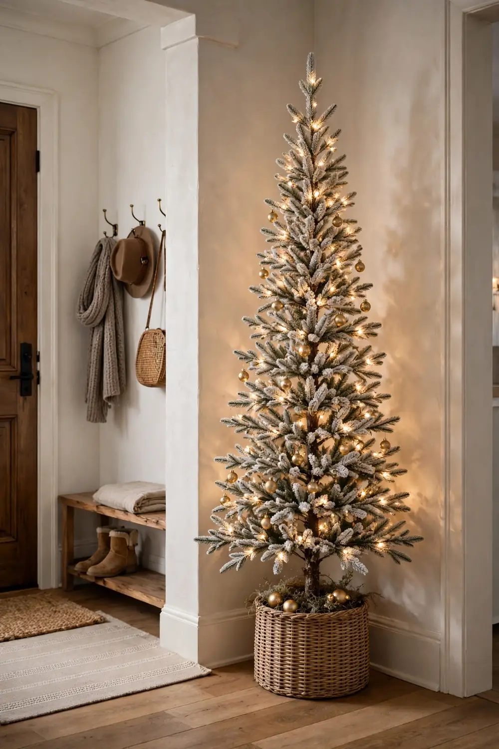 Slim flocked pencil tree with warm lights in an entryway corner Slim flocked pencil christmas tree in an entryway corner, one of the easiest christmas entryway decor ideas for small spaces