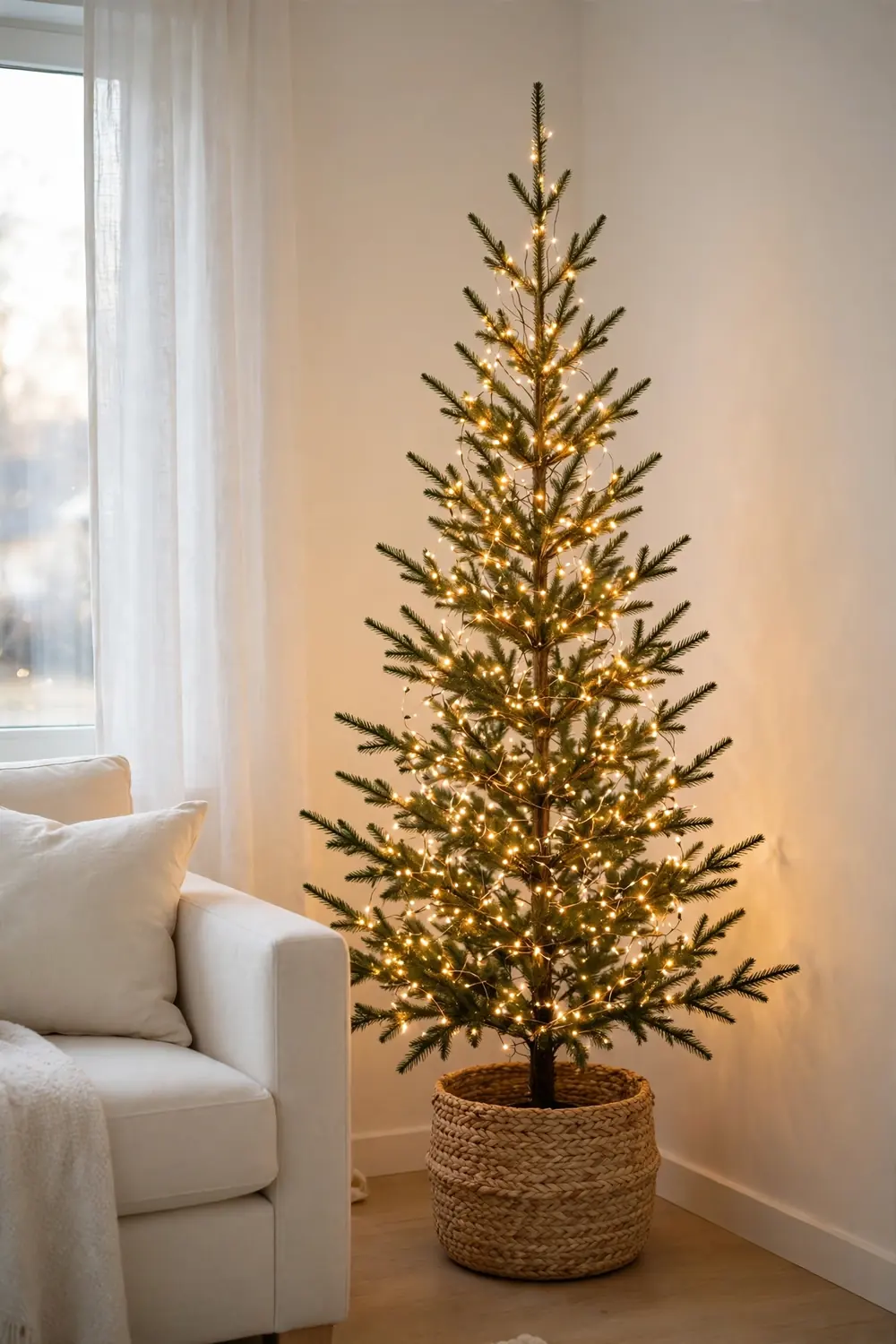 Minimalist Christmas decor ideas: a slim pencil tree with warm white lights and no ornaments in a bright living room