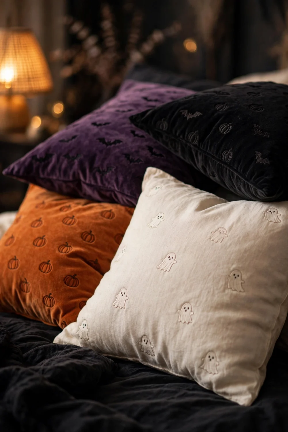 Spooky Halloween throw pillows layered on dark bedding Layered Halloween throw pillows on a bed, an easy halloween bedroom decor idea with bats and ghosts