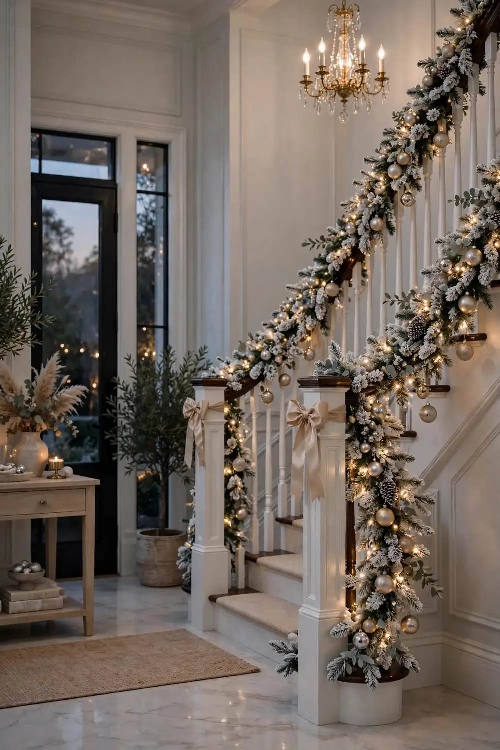Flocked snowy christmas garland decor ideas wrapped around a staircase banister with champagne ornaments and twinkle lights