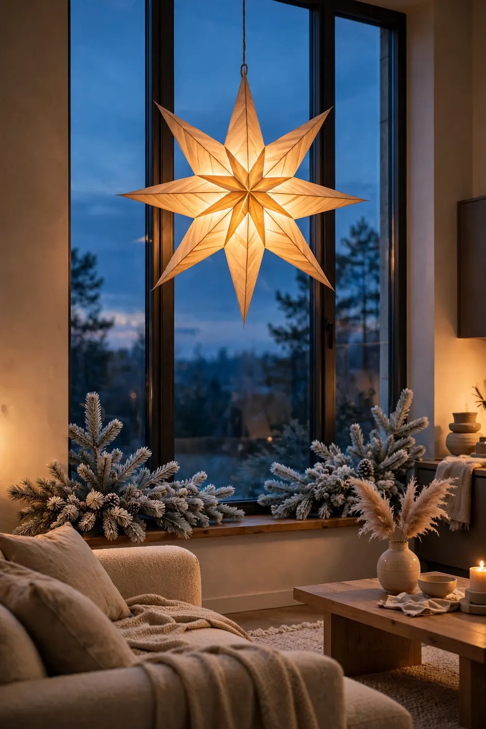 Illuminated Star Window Silhouette Large illuminated paper star lantern glowing in a front window at dusk — star motif Christmas decor idea