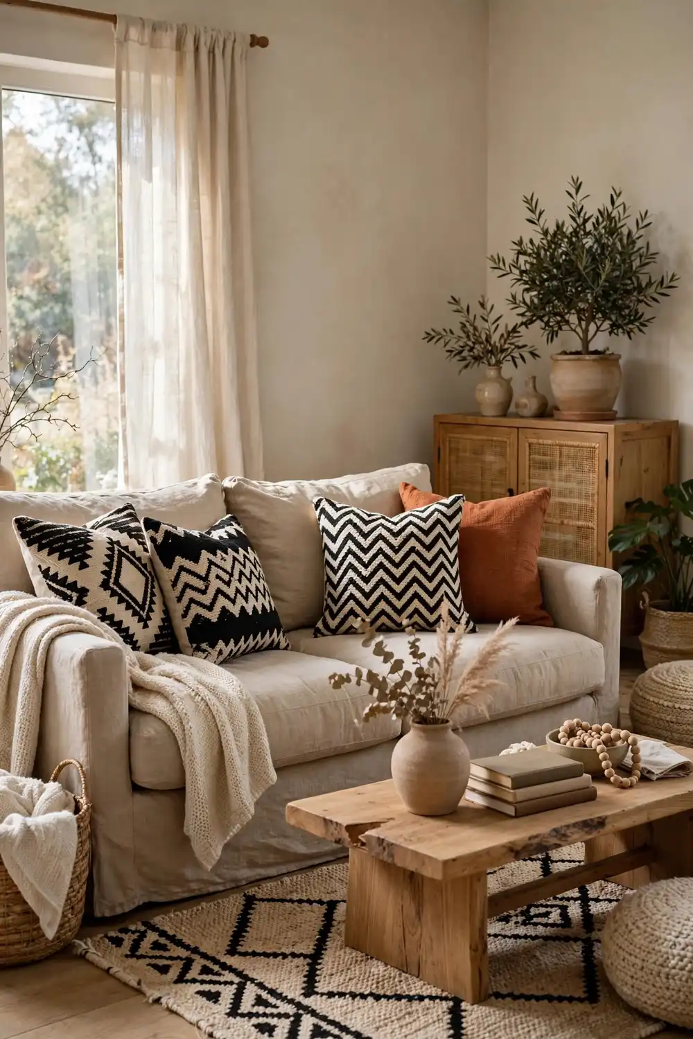Berber motif decor ideas with patterned throw pillows on neutral sofa