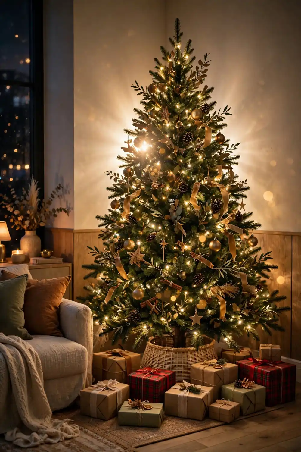 Christmas tree styled in living room corner with presents
