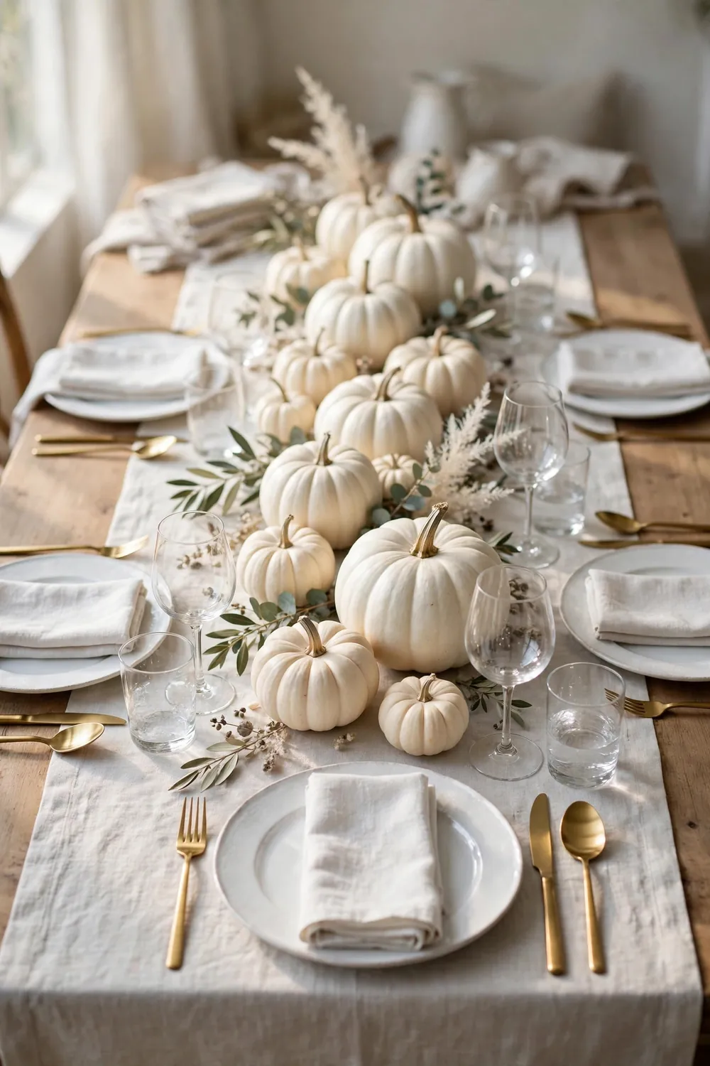 Elegant all white Thanksgiving tablescape with white pumpkins
