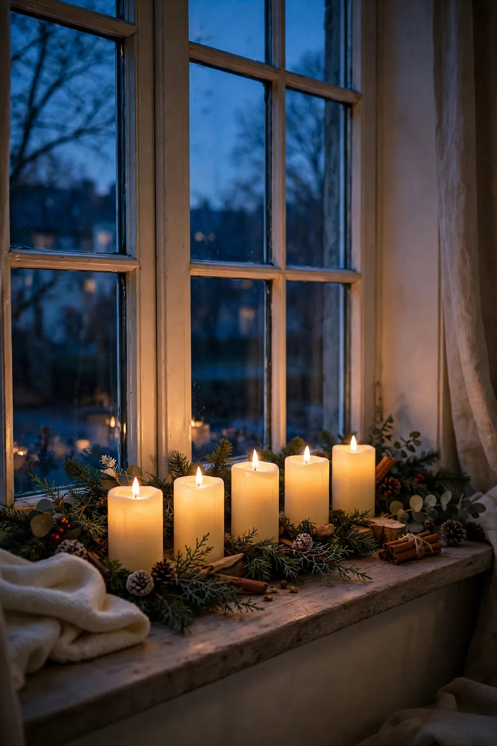 Row of glowing LED candles on a windowsill at dusk, a timeless christmas window decor ideas tradition