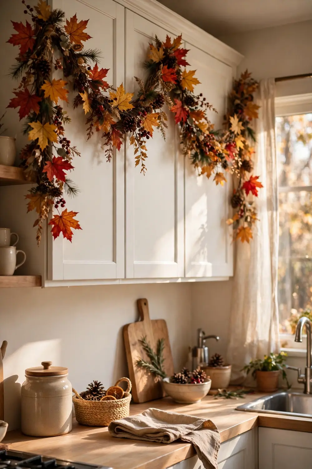 Autumn leaf garland over Thanksgiving kitchen cabinets Thanksgiving kitchen decor ideas with an autumn leaf garland draped over kitchen cabinets