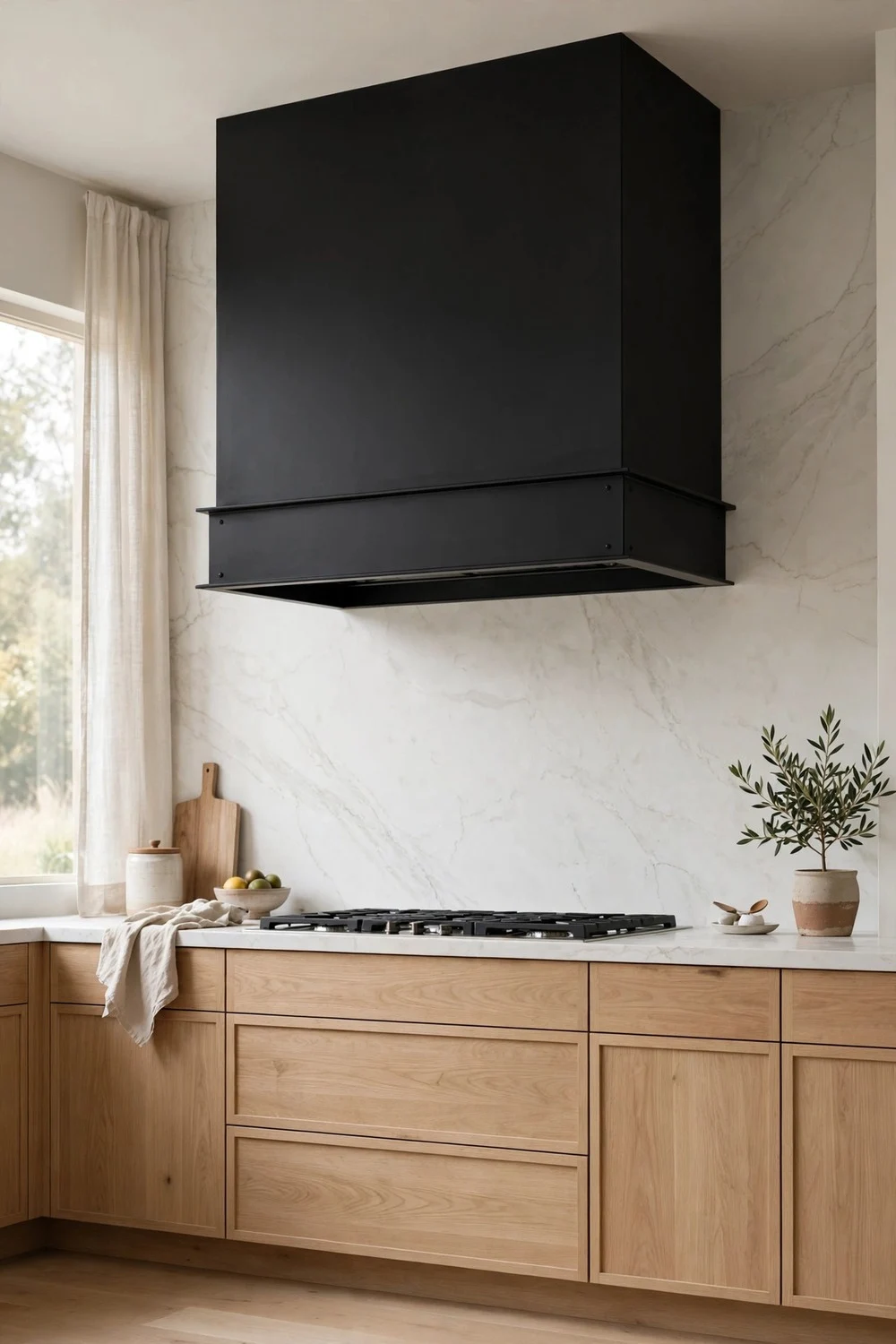 White oak and black kitchen with matte black range hood as statement piece