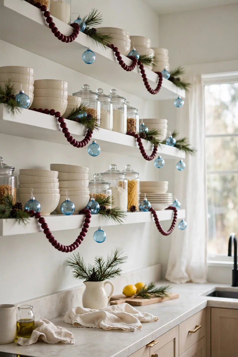 Burgundy bead garland with sky blue baubles on Christmas kitchen shelves Burgundy wooden bead garland and sky blue baubles on white kitchen open shelves