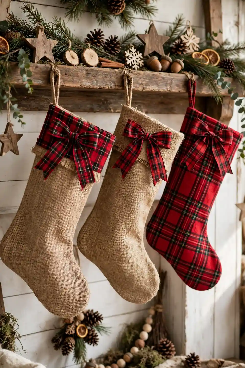 Rustic Burlap and Plaid Christmas Stocking Decor Ideas Rustic burlap and plaid christmas stocking decor ideas on a farmhouse mantel